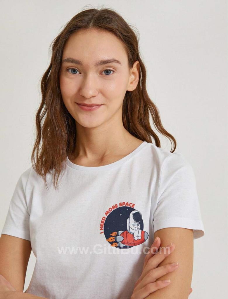 Koton Kadın Kisa Kollu Baskili Pamuklu Beyaz T-Shirt 1Yal18045ık