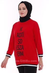 Hipatu Eteği Manşetli Şeritli Kırmızı Kadın Tunik