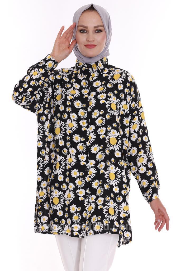 Hipatu Sarı Çiçek Desenli Dokuma Yırtmaçlı Kadın Siyah Gömlek