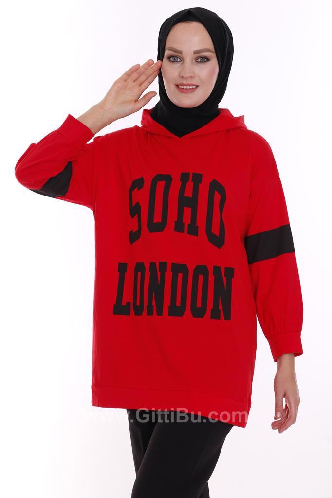 Hipatu Soho London Baskılı Kapşonlu Kırmızı Kadın Tunik