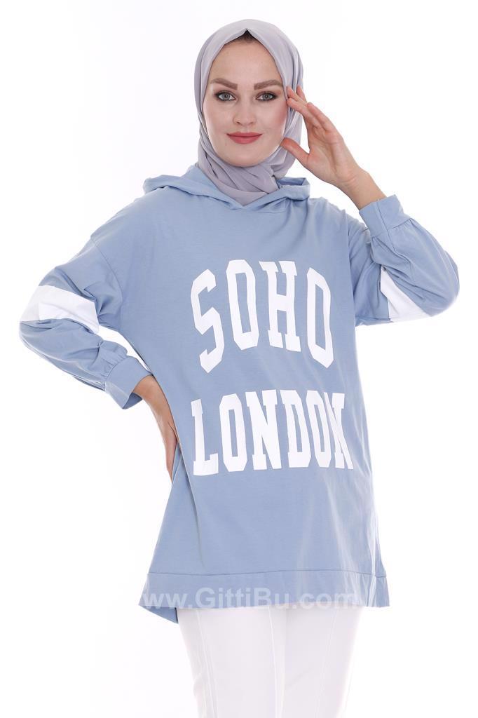 Hipatu Soho London Baskılı Kapşonlu Mavi Kadın Tunik